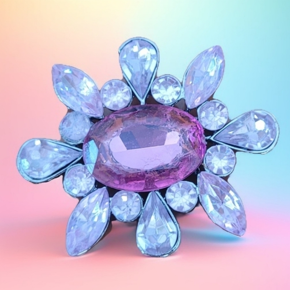 Vintage Pink‎ Crystal Sunburst Brooch Silver Tone Statement Pin Rhinestone